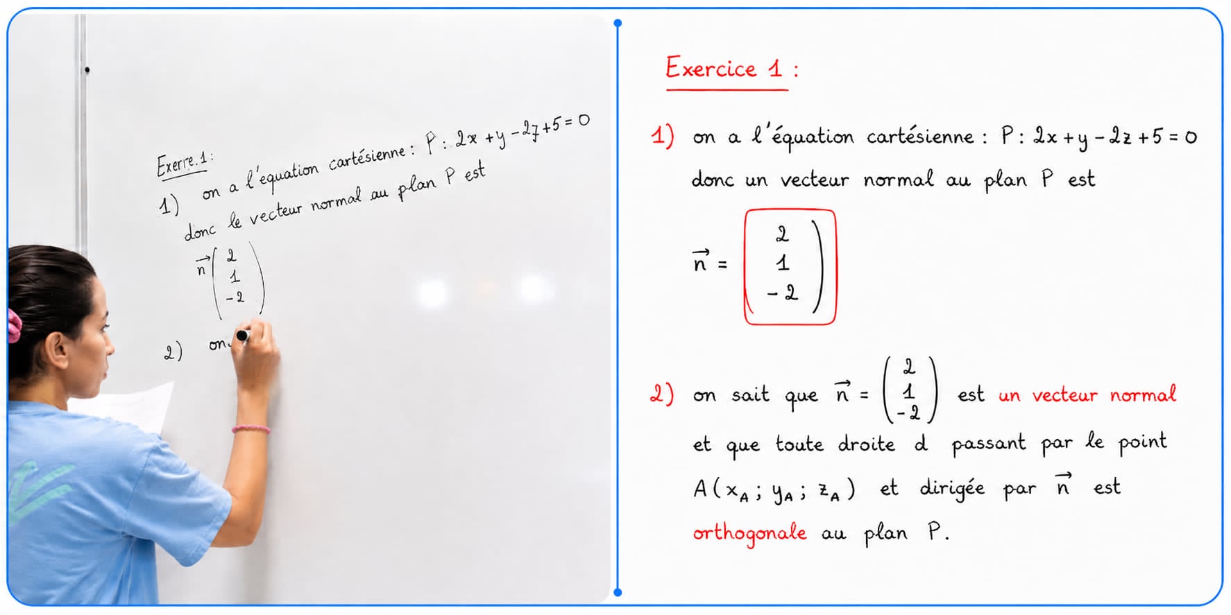 Correction d'un exercice de mathématiques au tableau : vecteur normal à un plan.